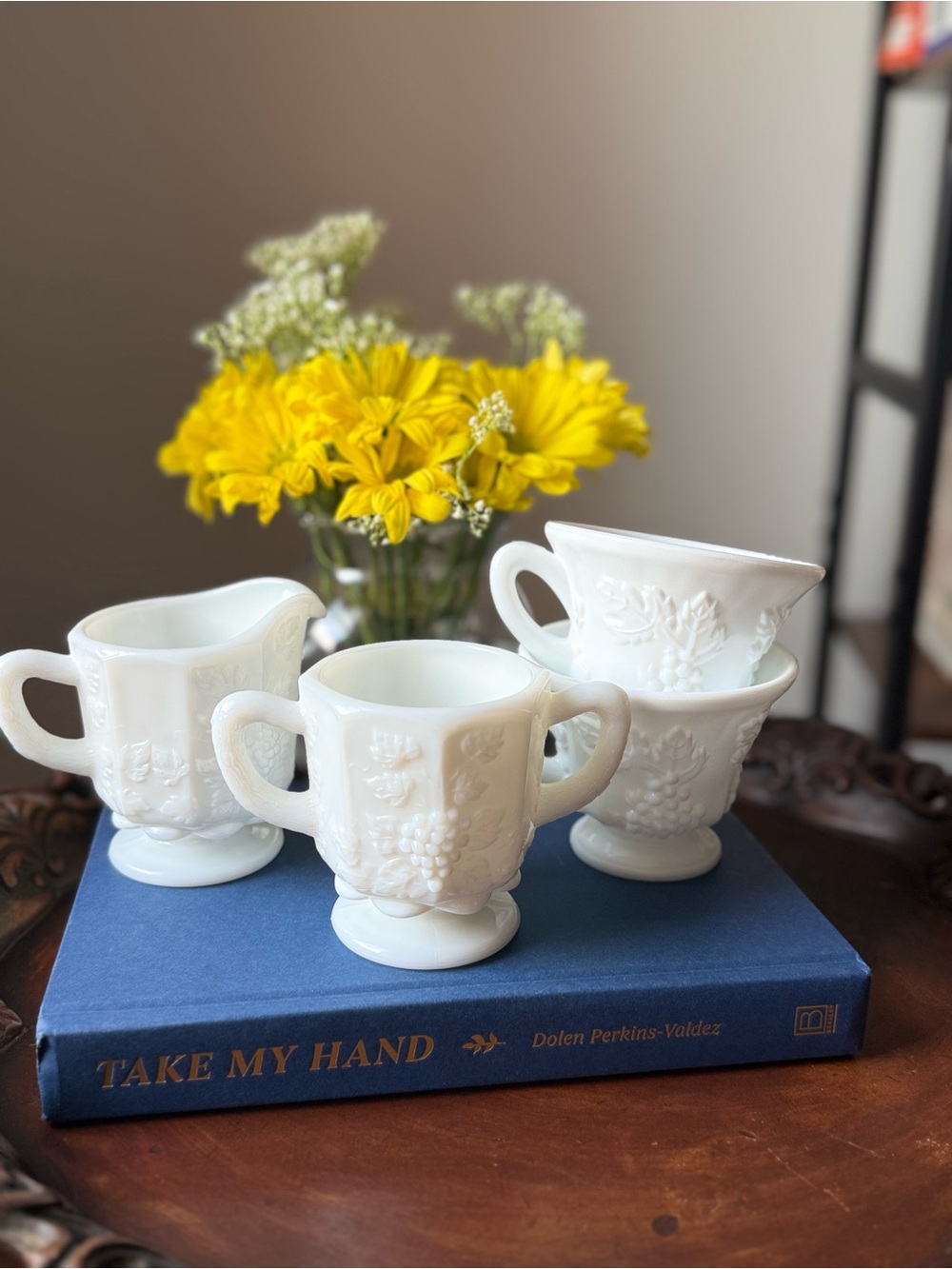 White Milk Glass Creamer and Sugar Set with teacups - Elegant Grape Pattern